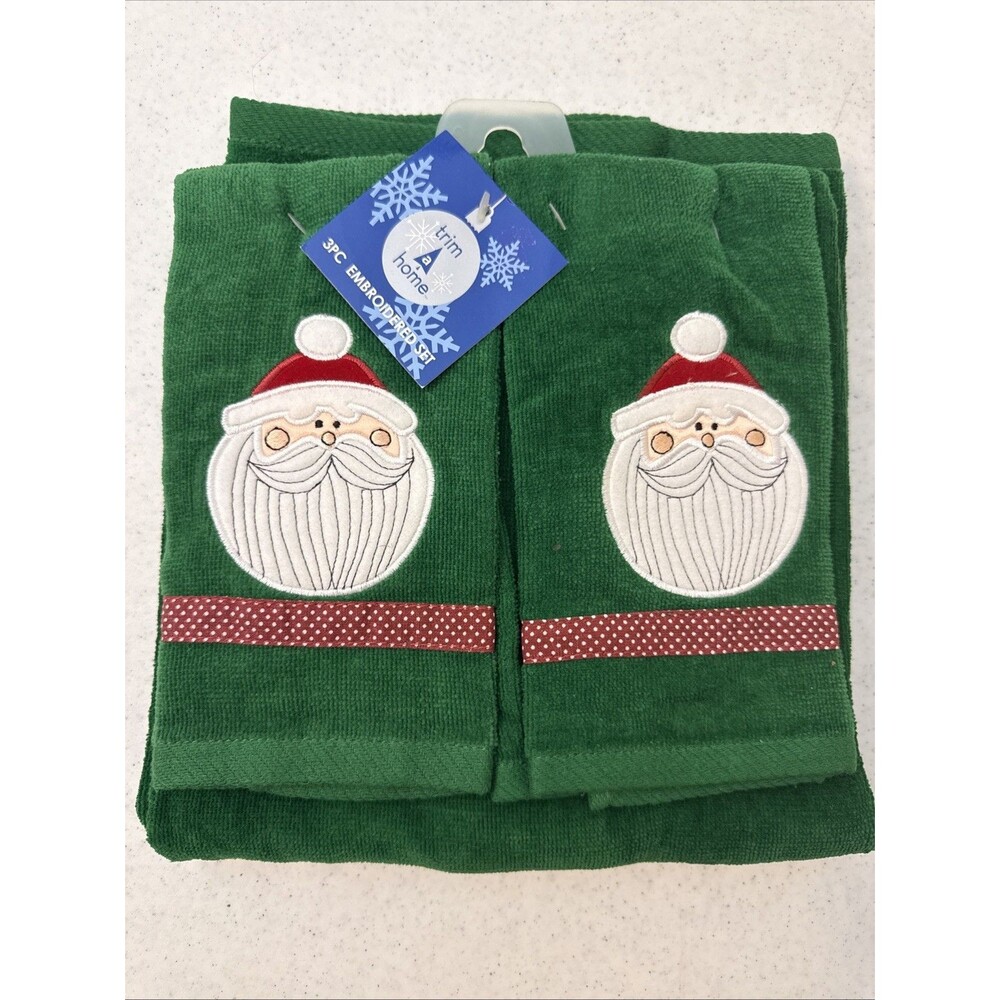New Santa Bath & Hand Towel Set Green Red Trim Christmas Holiday Decor Kmart VTG